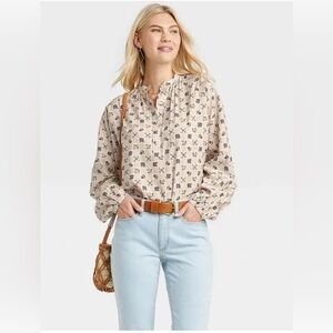 Target Universal Thread Cream Floral Long Sleeve Poet Blouse medium peasant